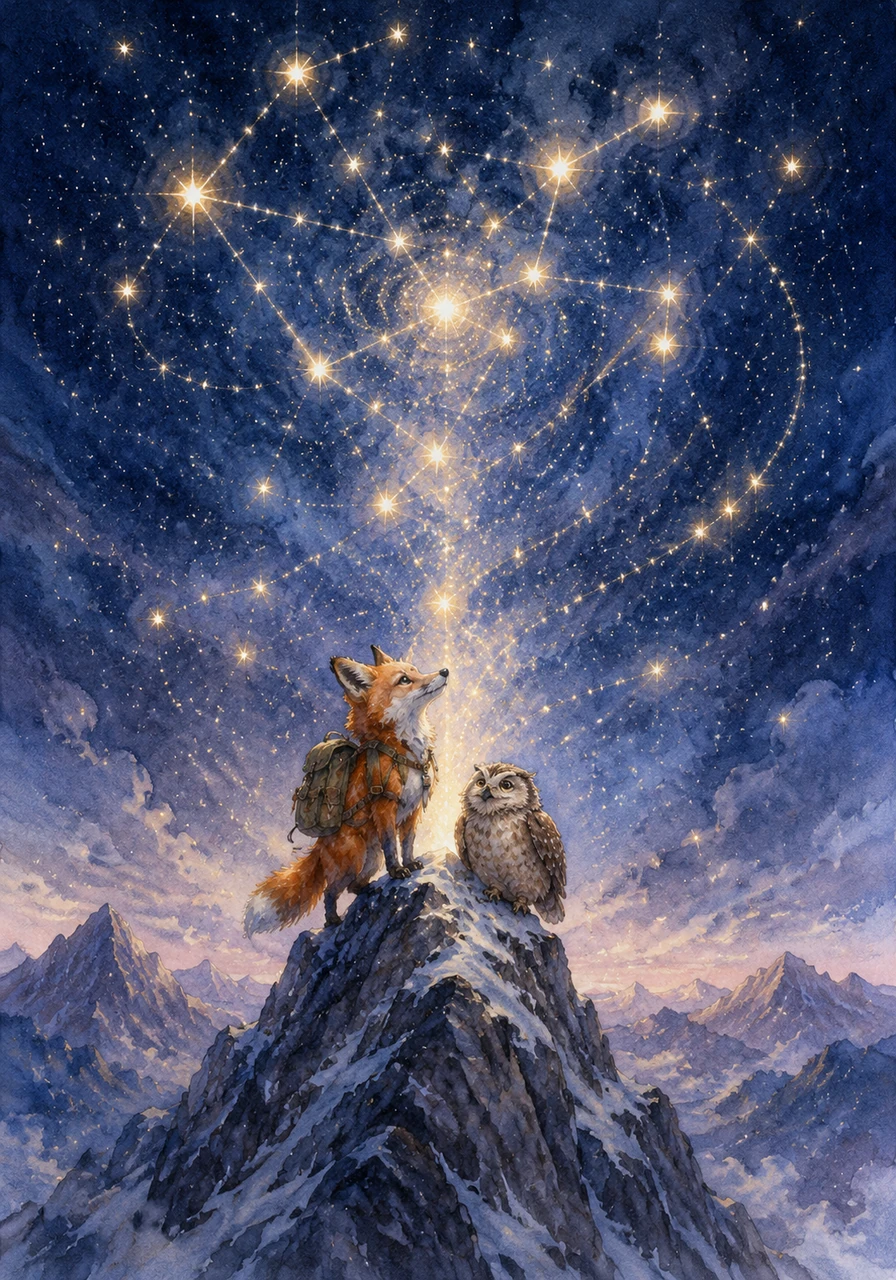 Finally, Oliver stood upon the very tip of Starlight Peak just as the Great Constellation began to glow in the midnight sky. The entire world seemed to hold its breath as the stars descended to touch the mountain's summit in a dance of light.