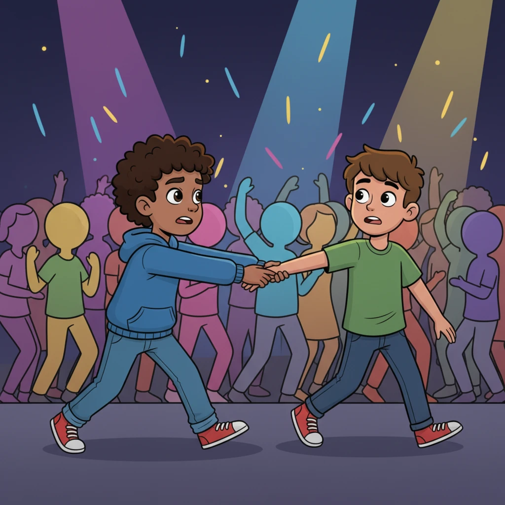 Jamal bravely pushed through the dancing bodies, his eyes fixed on Omar. He reached out, grabbing Omar's arm, pulling him away from the bad influence. Omar looked startled but relieved.