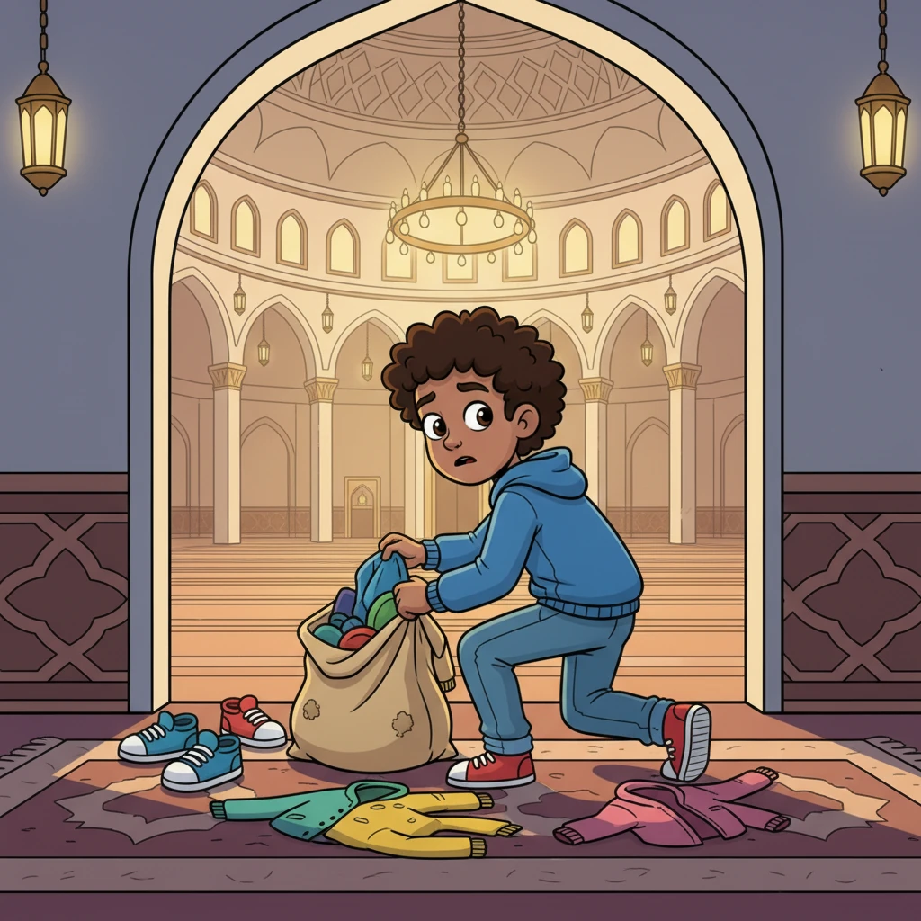 Inside the mosque, the prayer hall was empty and serene. Rashid, with a furtive glance around, began to quickly gather up a few pairs of shoes and jackets from the entrance area, stuffing them into a bag.