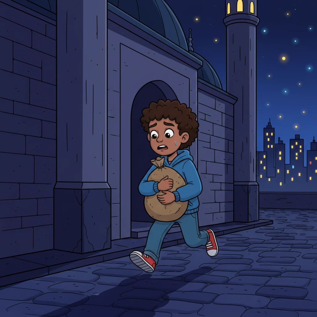 Rashid hurried out of the mosque, his bag slightly bulging. He clutched it tightly, his face a mix of desperation and shame. He disappeared into the shadows of the night, needing to provide for his struggling family.