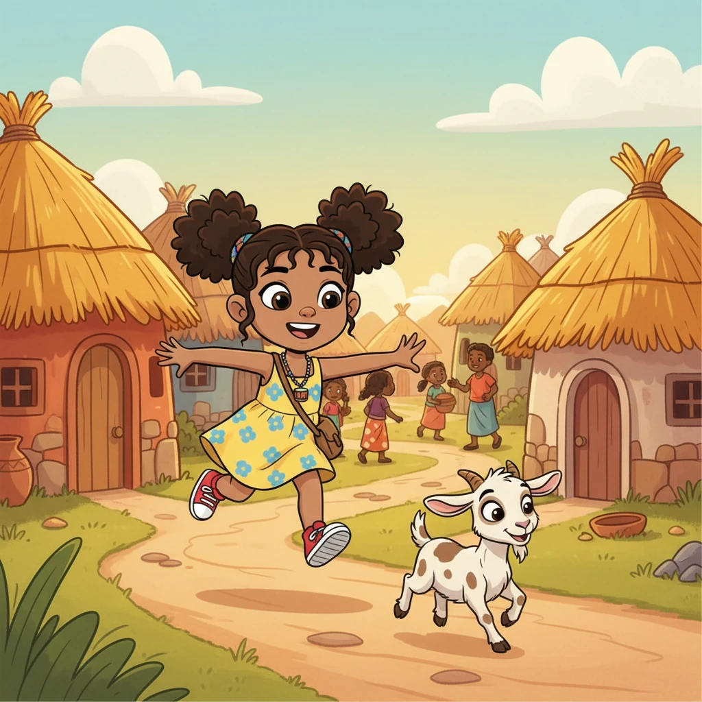 Kira, a small girl with bright, curious eyes and a head full of questions, stands in her vibrant village. The sun shines warmly on the thatched roofs and busy villagers, while playful goats graze nearby.