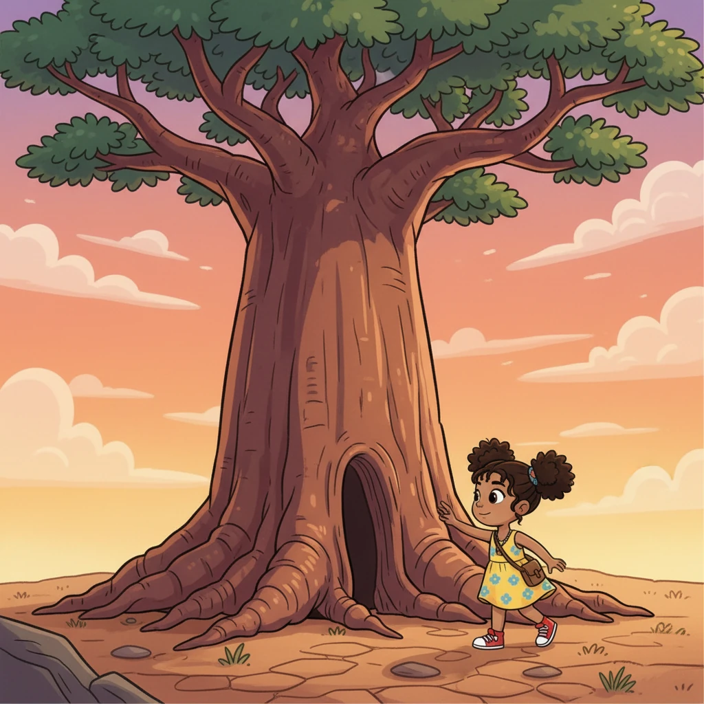 One evening, Kira walks towards the colossal Great Baobab Tree, its massive trunk reaching towards the colorful sunset sky. She looks tiny next to its ancient, gnarled roots.