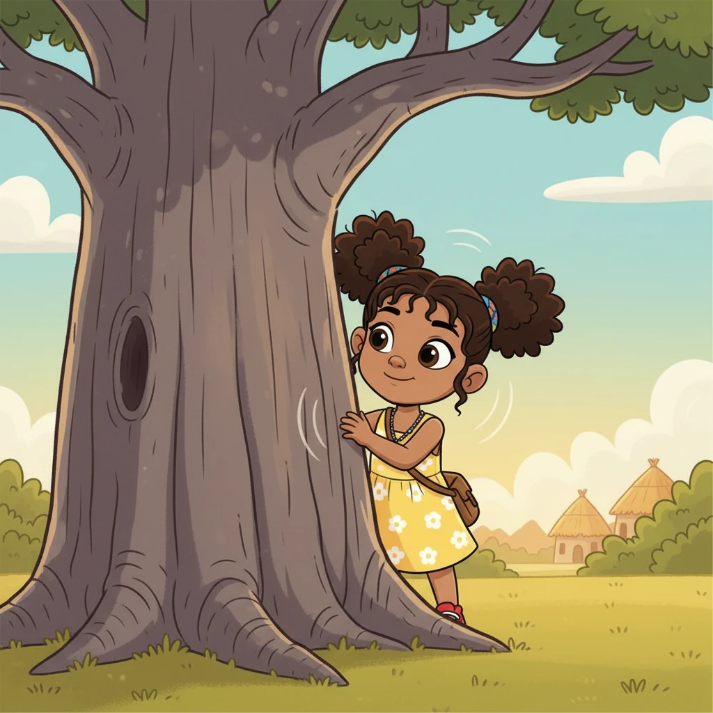 As Kira gently touches the rough bark of the baobab, she hears a soft, rhythmic thump-thump-thump from behind it. Her eyes widen in wonder, and a small smile plays on her lips.