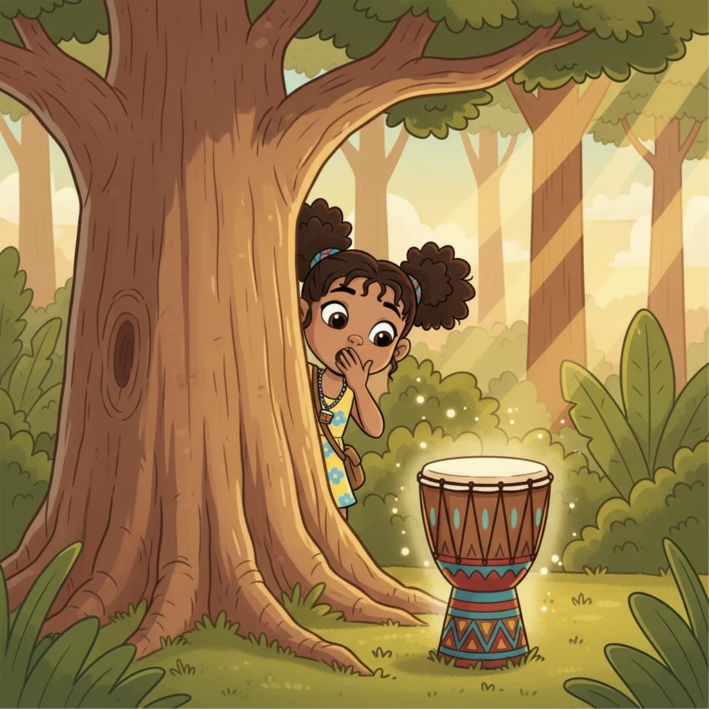 Kira peeks around the enormous trunk and gasps, her hand flying to her mouth. Before her sits a beautifully carved, colorful drum, pulsating with a gentle, golden glow.