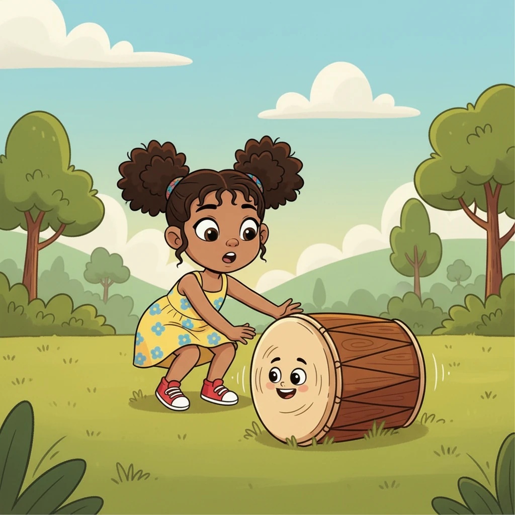 The drum suddenly speaks in a deep, booming voice, startling Kira but also filling her with excitement. Its surface seems to ripple with the sound, and a tiny, friendly face appears on its side.