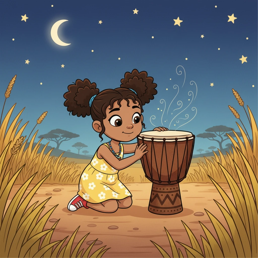 Kira, no longer afraid, kneels before the Talking Drum, asking it many questions about the Savannah, the stars, and forgotten stories. The drum patiently 'answers' with rhythmic beats and whispers.