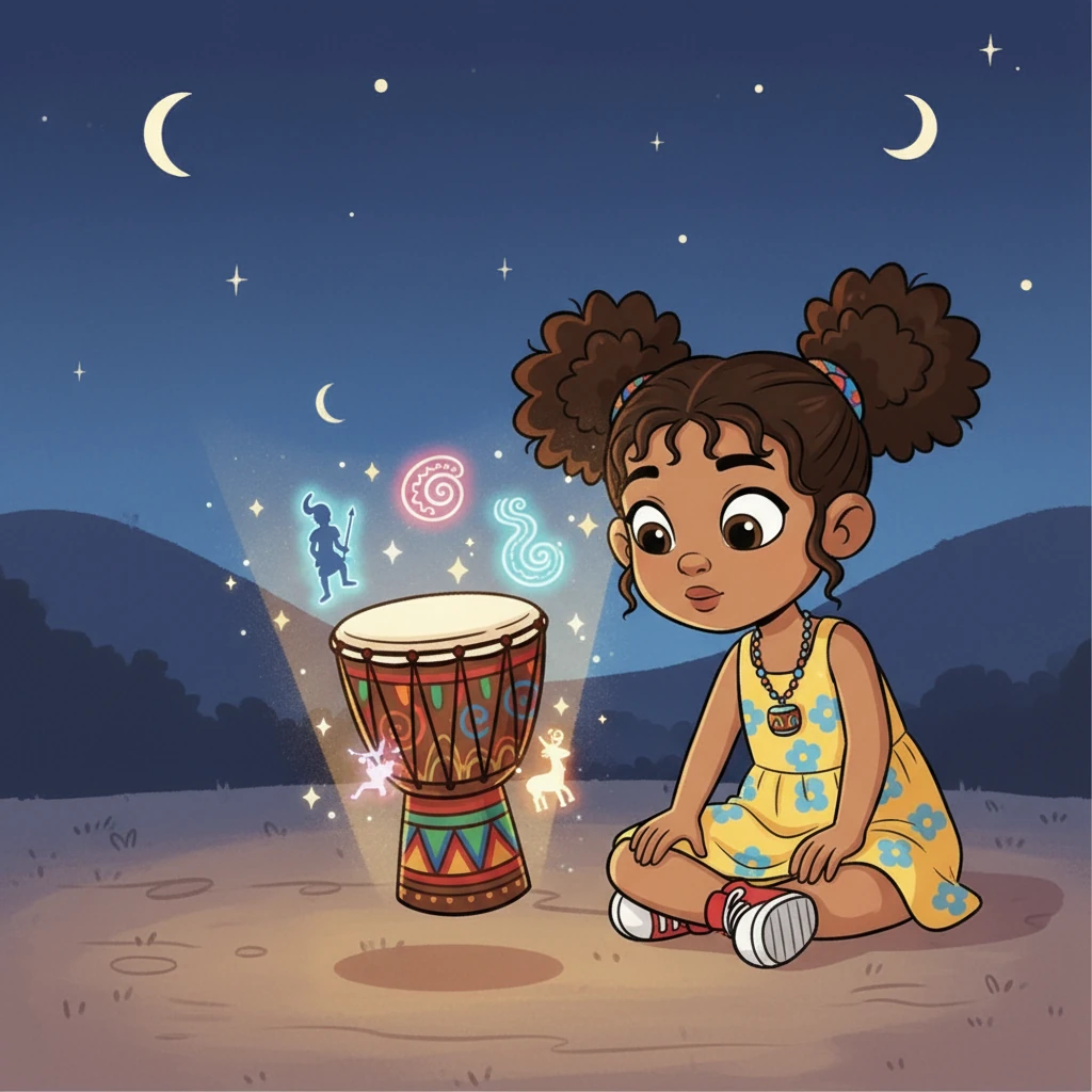 The Talking Drum shares an ancient tale with Kira, its vibrant patterns swirling to illustrate the story. Kira listens intently, completely captivated by the drum's magical storytelling.