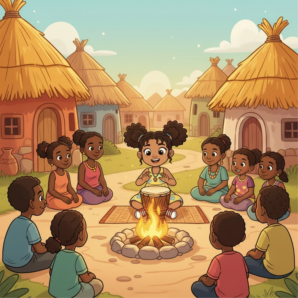 Kira returns to her village, eager to share the drum's stories. She gathers her friends and family, who are all amazed by her newfound wisdom and the magic she brings.