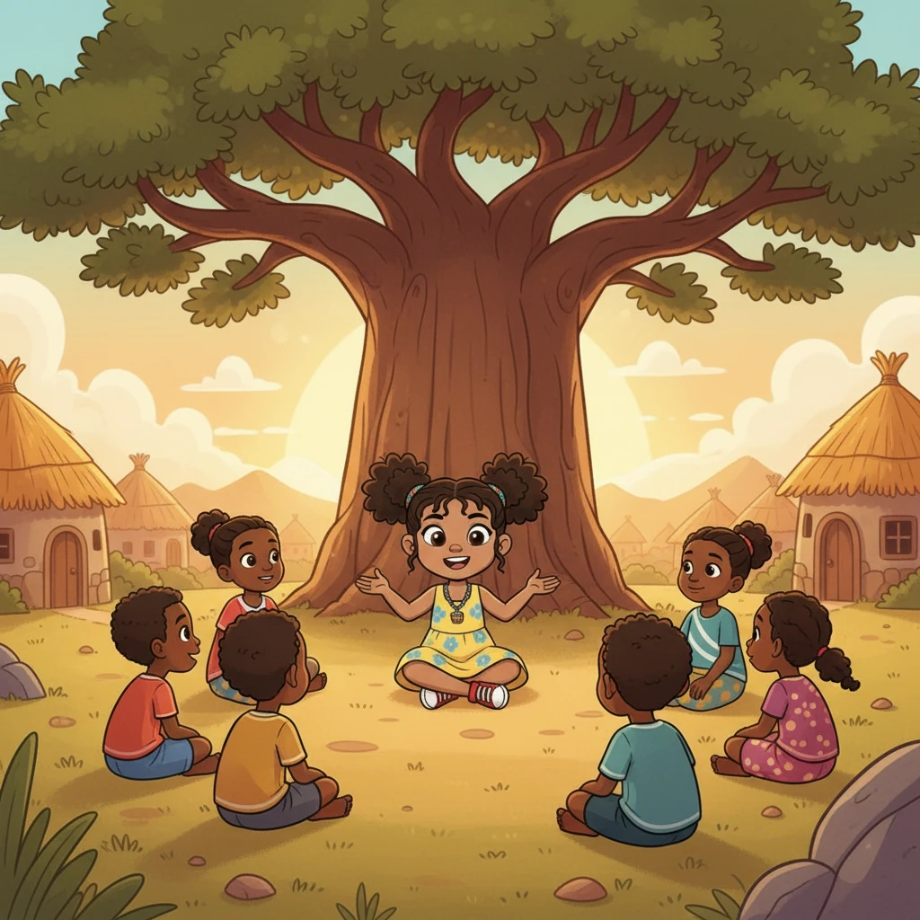 Under the watchful gaze of the Great Baobab Tree, Kira now tells stories to the village children, using her own voice and the wisdom she gained from the Talking Drum. The children listen with wide-eyed wonder.