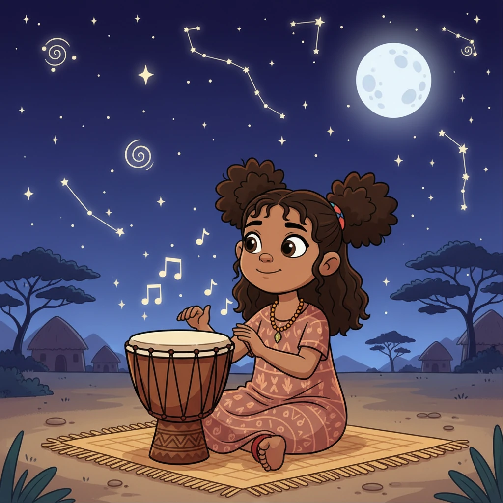 Kira, now a beloved storyteller, sits with the Talking Drum under the starry Savannah sky. She knows that curiosity and listening can unlock the greatest adventures and the most beautiful tales.