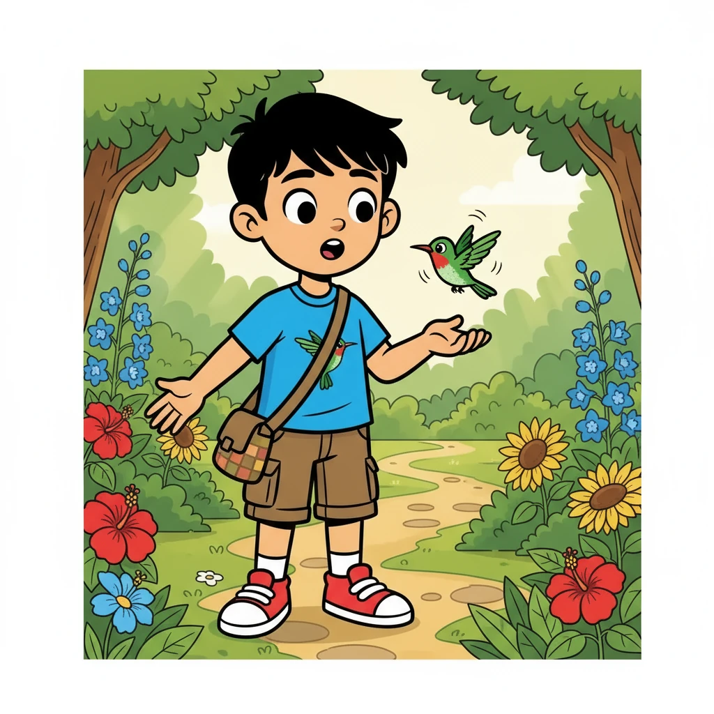 Para a surpresa de Miguel, o colibri voltou! Ele voou perto de Miguel, como se quisesse agradecer.