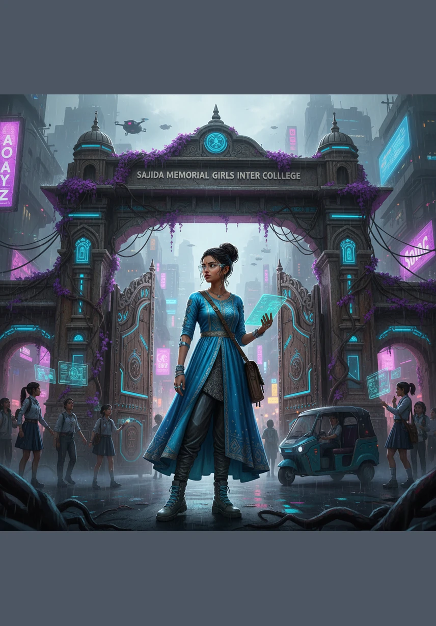 Amara stands before the grand, ivy-covered gates of Sajida Memorial Girls Inter College, holding a glowing tablet that represents the future. She looks at the bustling hallways filled with eager students and knows it is time to build a digital bridge to help them succeed.