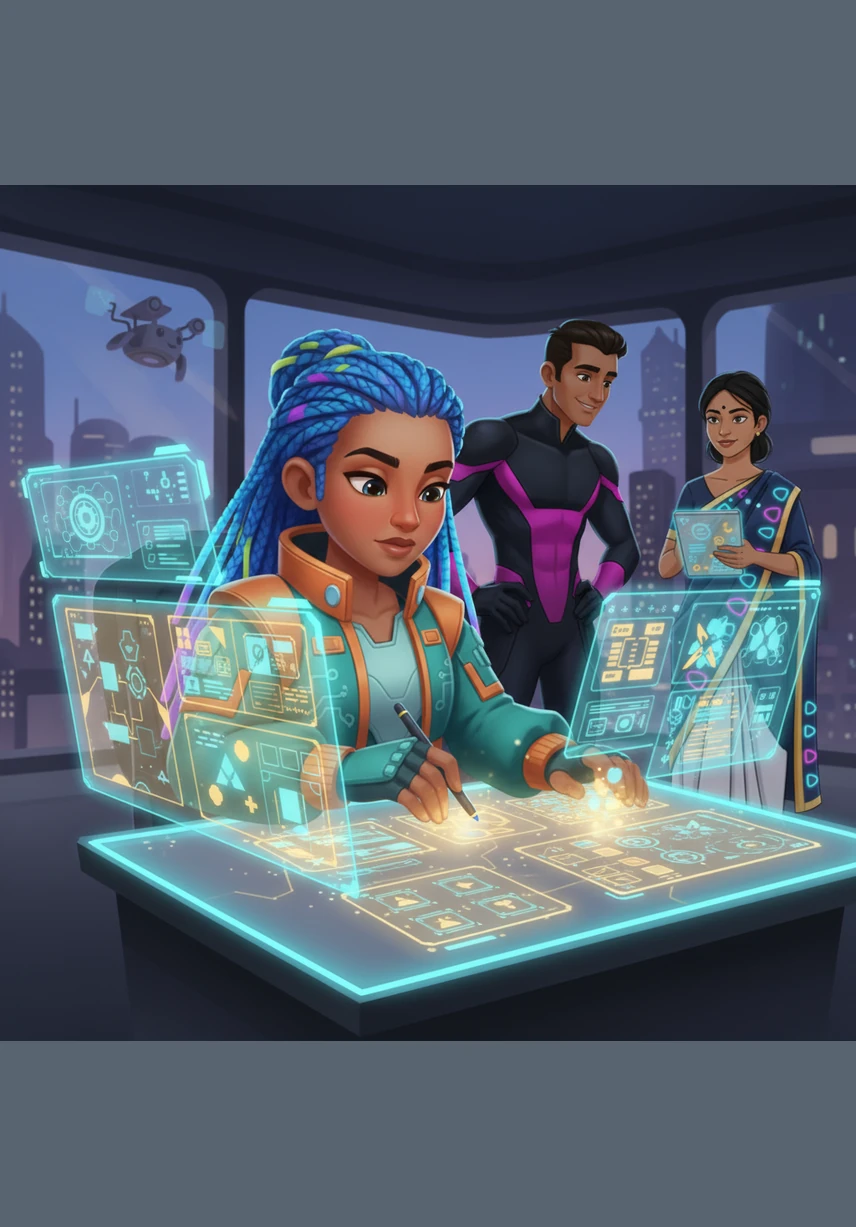 Amara dips her brush into a palette of warm, trustworthy blues and soft golds to design the system's interface. She wants the screens to feel like a welcoming classroom, reflecting the pride and tradition of the college's colors.