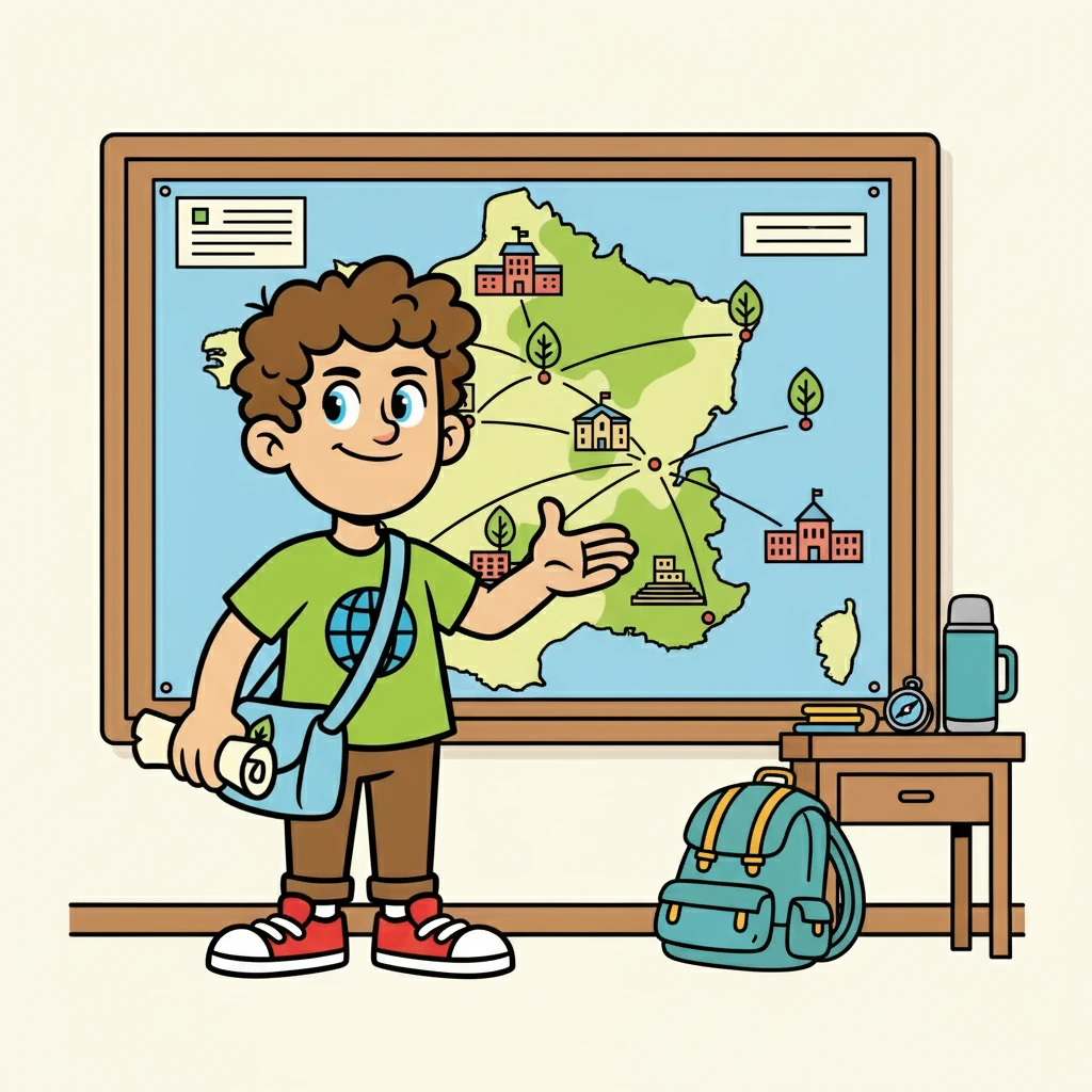 Julien, un homme aux cheveux en bataille et au regard déterminé, se tient devant une carte de France. Il prépare son voyage, son 'tour de France des grandes écoles', avec l'espoir d'éveiller les consciences sur le climat.