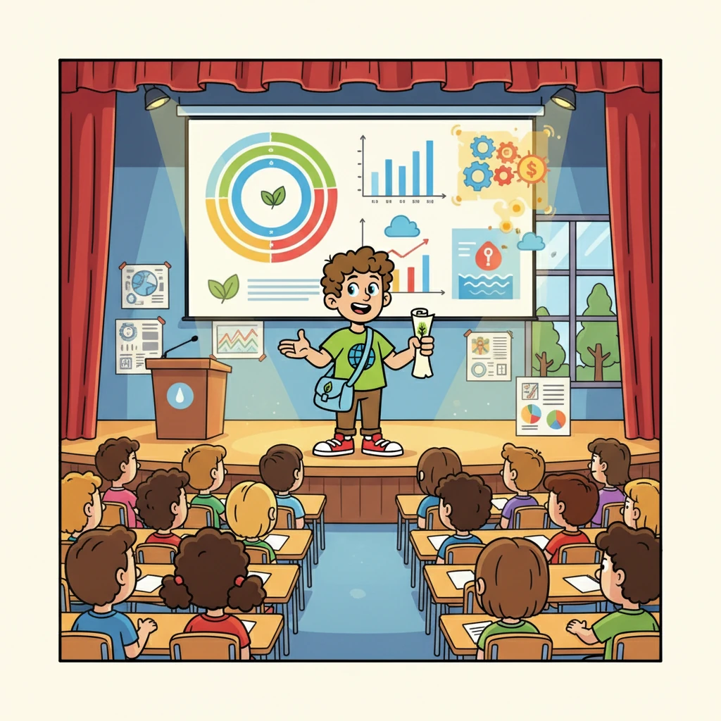 Dans une grande école, Julien parle avec passion devant un public attentif. Des graphiques colorés et des projections illustrent ses propos sur les limites planétaires et l'urgence d'agir.