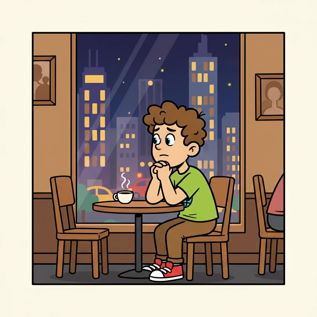 Julien, assis seul dans un café, contemple le reflet de la ville dans la fenêtre.  Il se sent impuissant, comme s'il parlait dans le vent, face à une machine économique implacable.