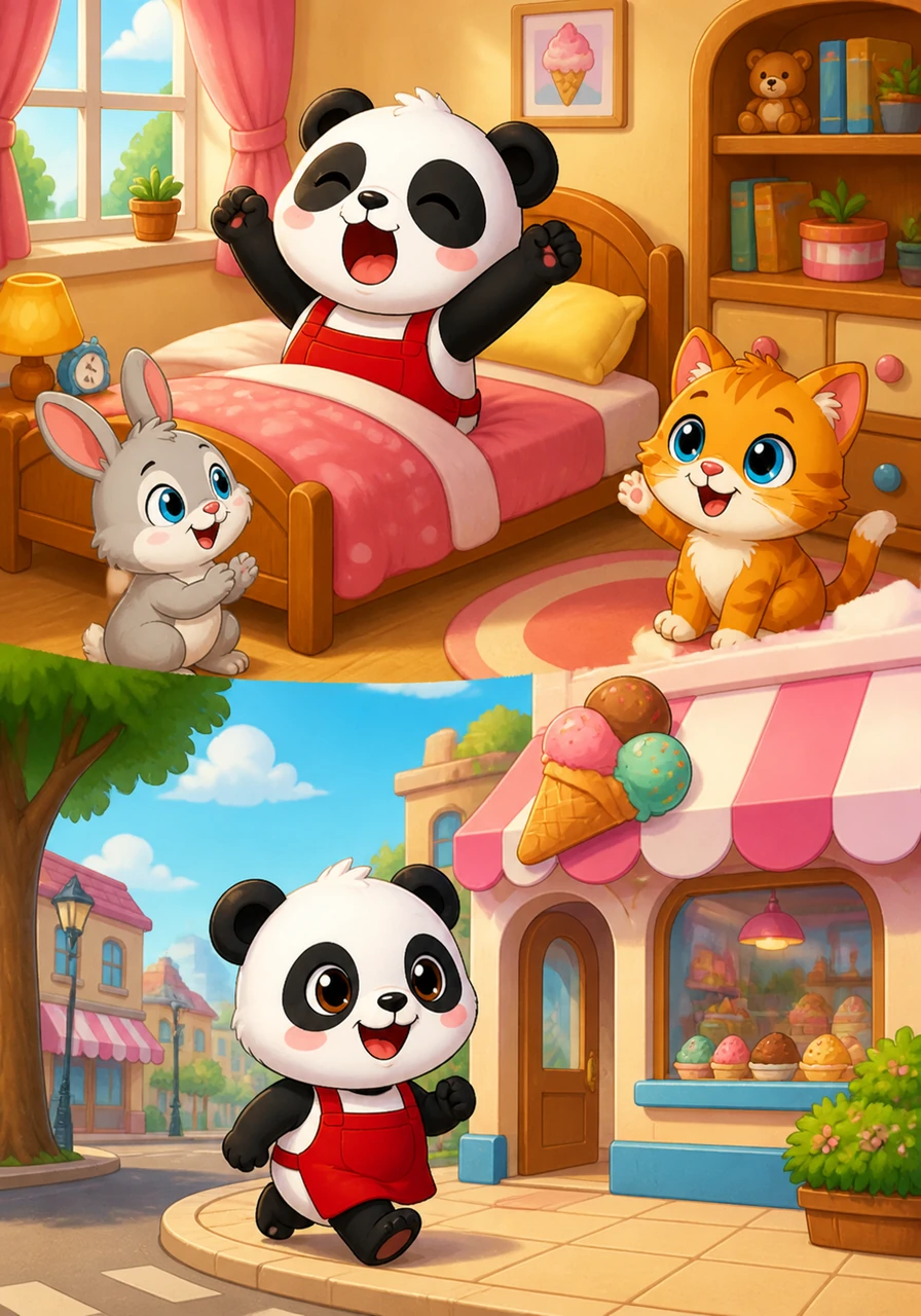 Puffy the panda wakes up in his cozy, colorful bedroom and stretches his tiny arms with a wide yawn. He is excited to start his day and happily walks toward his bright little ice cream shop at the corner of the sun-drenched street.
