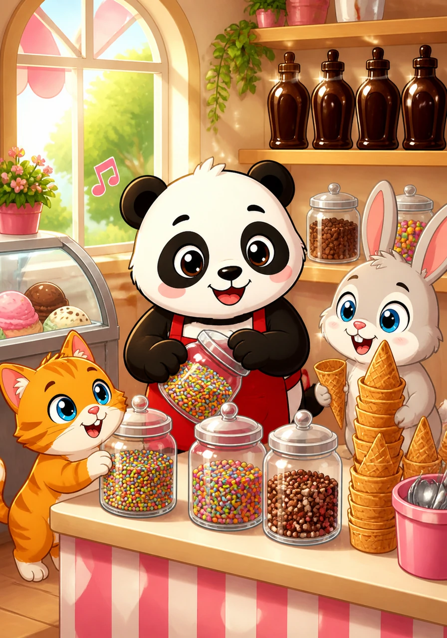 Inside the cheerful shop, Puffy hums a happy tune while tidying up jars of rainbow sprinkles and stacking shiny cones neatly. The morning sun shines through the window, making the chocolate syrup bottles sparkle like dark jewels on the shelf.