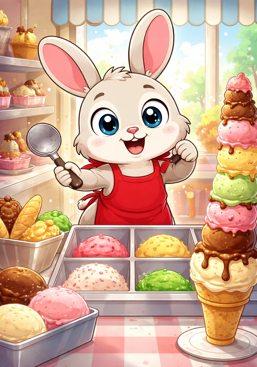 Puffy ties on his favorite tiny red apron and decides to create the most magnificent, tallest ice cream tower ever seen. His eyes sparkle with pure excitement as he stands behind the counter, ready to begin his sweet masterpiece.
