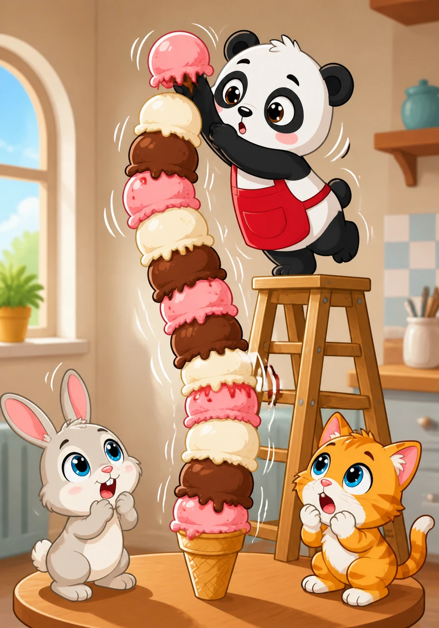 The tower grows incredibly tall with scoops of strawberry, chocolate, and vanilla, but it begins to wobble dangerously to the left and right. Puffy holds his breath and giggles, trying to balance one last scoop on the very top of the shivering mountain.