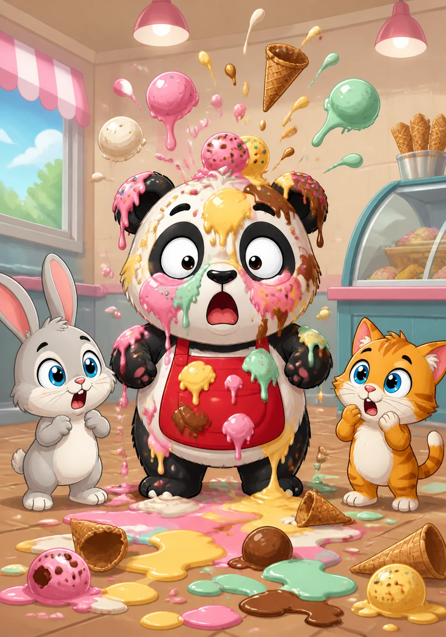 Suddenly, the giant ice cream tower collapses with a loud splat, covering Puffy's nose, cheeks, and ears in thick, colorful cream. He stands frozen in surprise for a moment, looking like a very messy, sweet-covered panda in the middle of his shop.