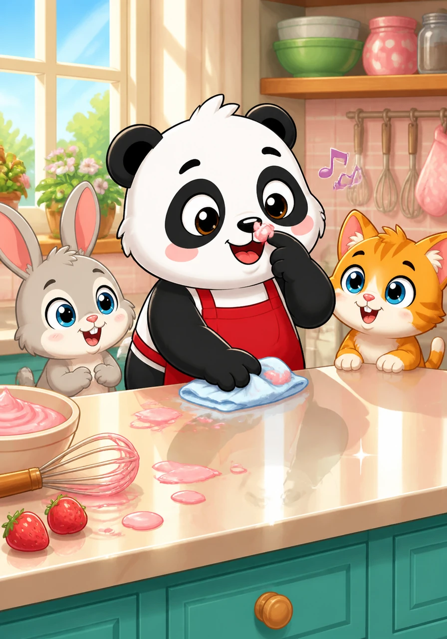 Instead of being sad, Puffy bursts into a fit of joyful giggles and wipes a bit of strawberry cream off his nose to taste it. He realizes that mistakes can be funny and begins to whistle a happy song as he cleans his counter until it shines again.