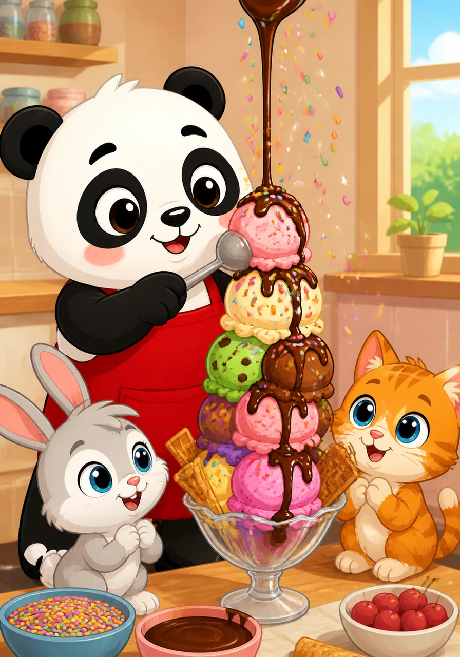 Taking a deep breath, Puffy starts his creation again, this time placing each scoop slowly and carefully to make sure it stays perfectly still. He adds a waterfall of warm chocolate syrup and a shower of colorful rainbow sprinkles that fall like tiny pieces of confetti.