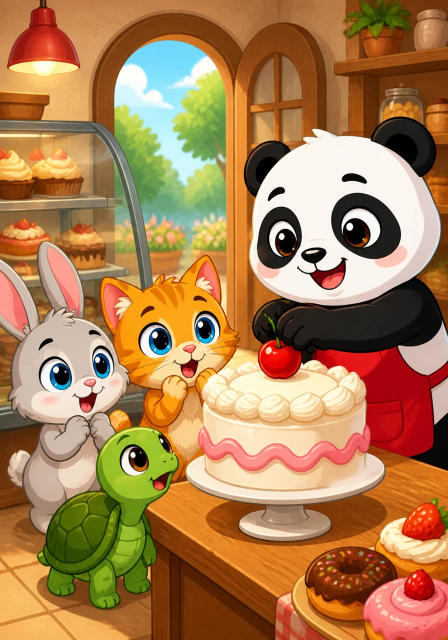 Puffy gently places a bright, perfect red cherry on top of his masterpiece just as a bunny, a kitten, and a tiny turtle wander into the shop. The little animals stare in wide-eyed awe at the beautiful, steady creation standing proudly on the counter.
