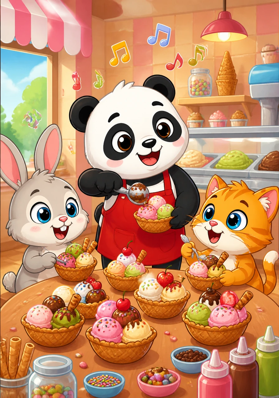Puffy realizes that one giant ice cream is wonderful, but making many smaller treats to share with his new friends is even better. Soon, the shop is filled with the sound of happy crunching, little giggles, and Puffy’s soft, melodic singing.