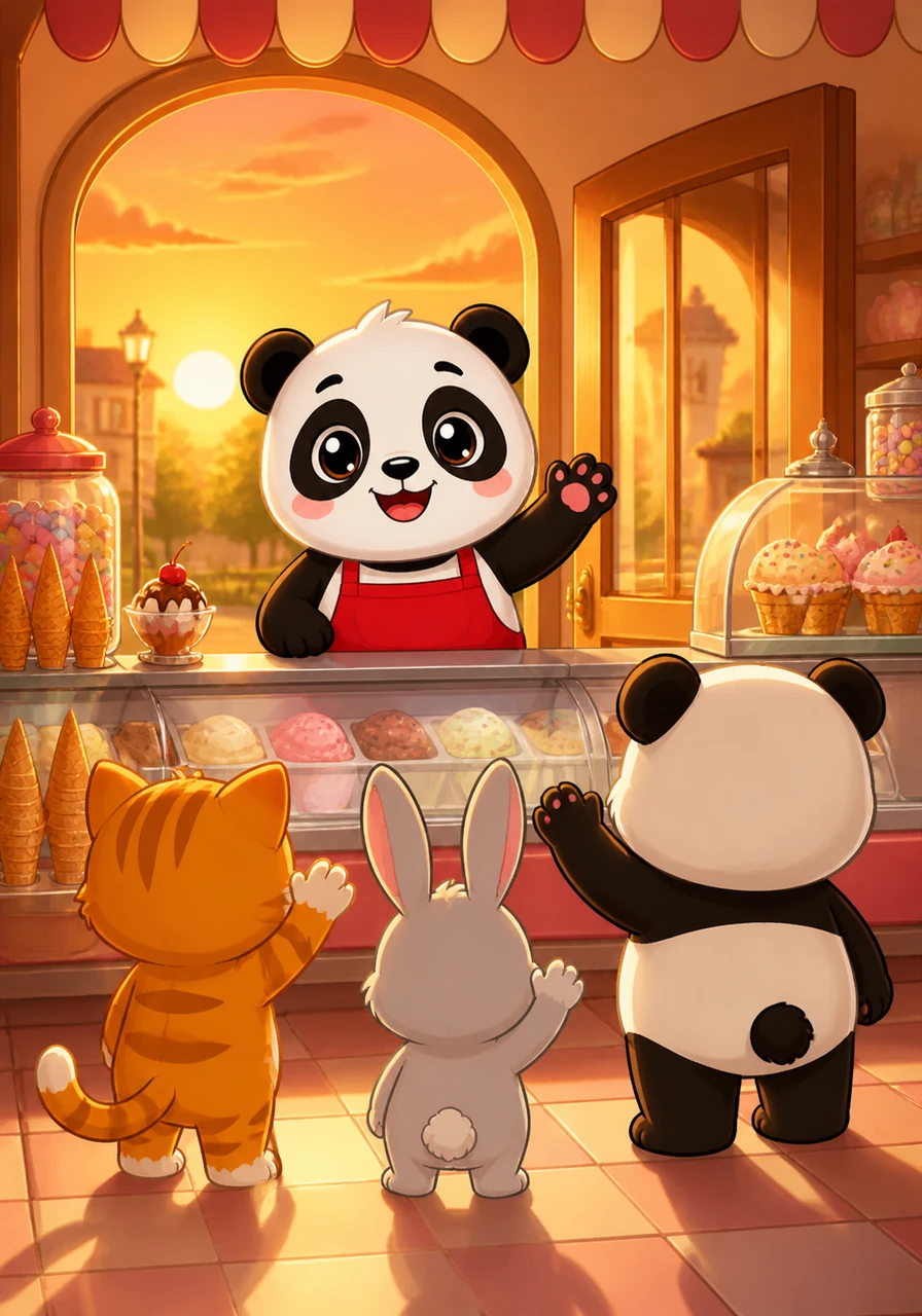 As a golden sunset fills the shop with warm light, Puffy waves goodbye to his friends with a full heart and a satisfied smile. He knows now that the sweetest part of his shop isn't the sugar or the cones, but the happiness he shares with everyone who walks through his door.