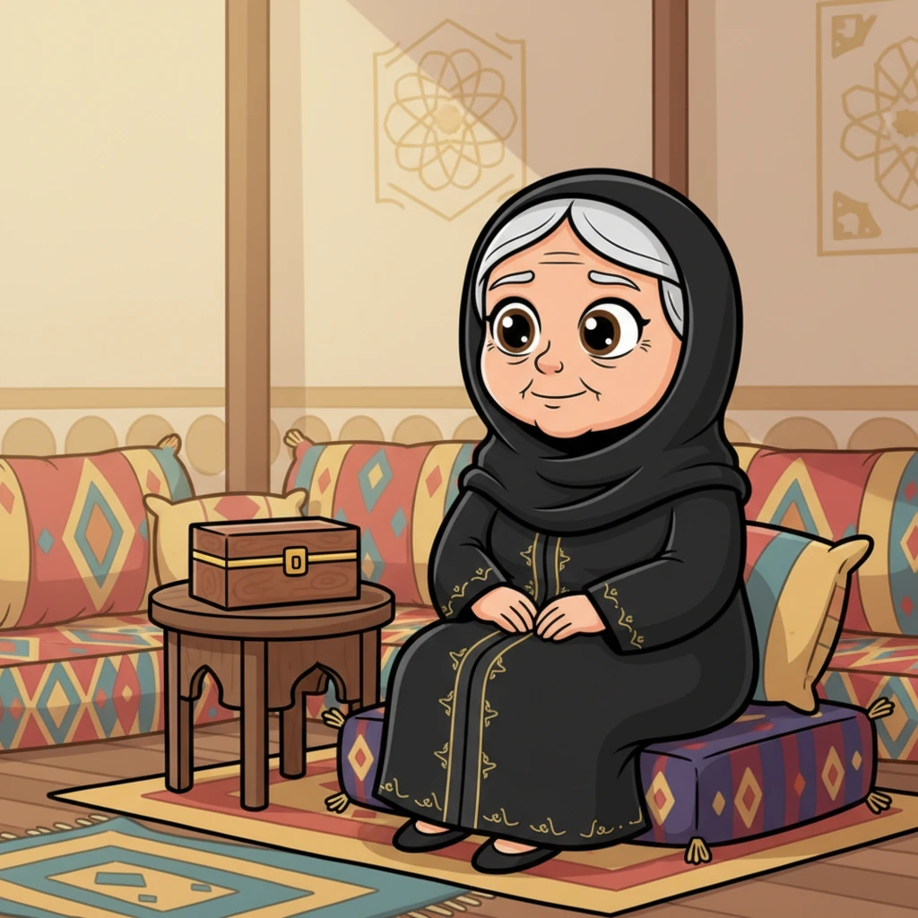 Grandma Joud, a kind Emirati lady, sat peacefully in her cozy, traditional majlis. She wore a graceful black abaya and shayla, her face reflecting a lifetime of wisdom. On a small table beside her sat a medicine box, and she gazed at it with a hint of gentle weariness.