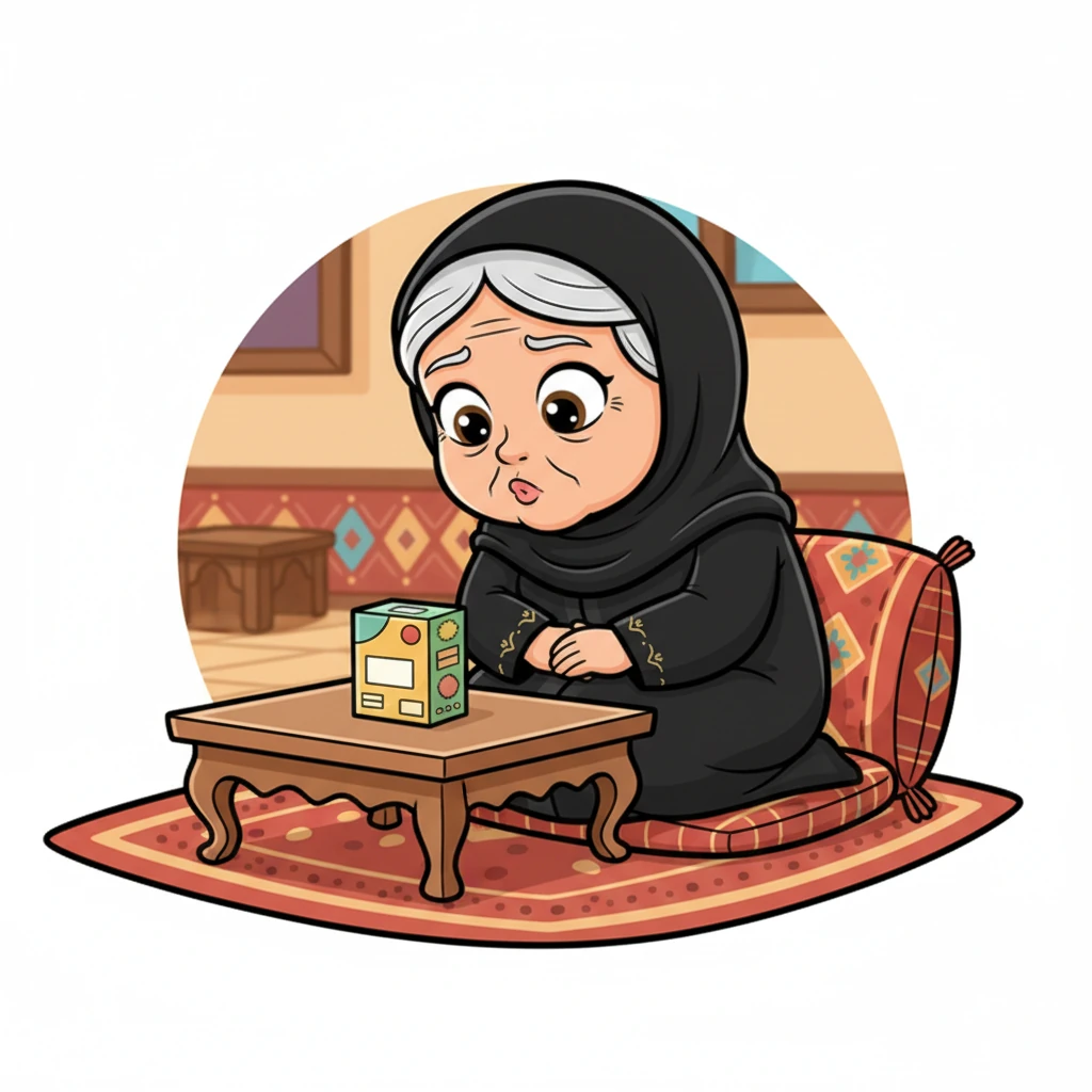 Still seated in the majlis, Grandma Joud leaned forward slightly, trying to bring her face closer to the small box. Her brow furrowed, and a soft sigh escaped her lips as her eyes struggled to make out the tiny words on the label.