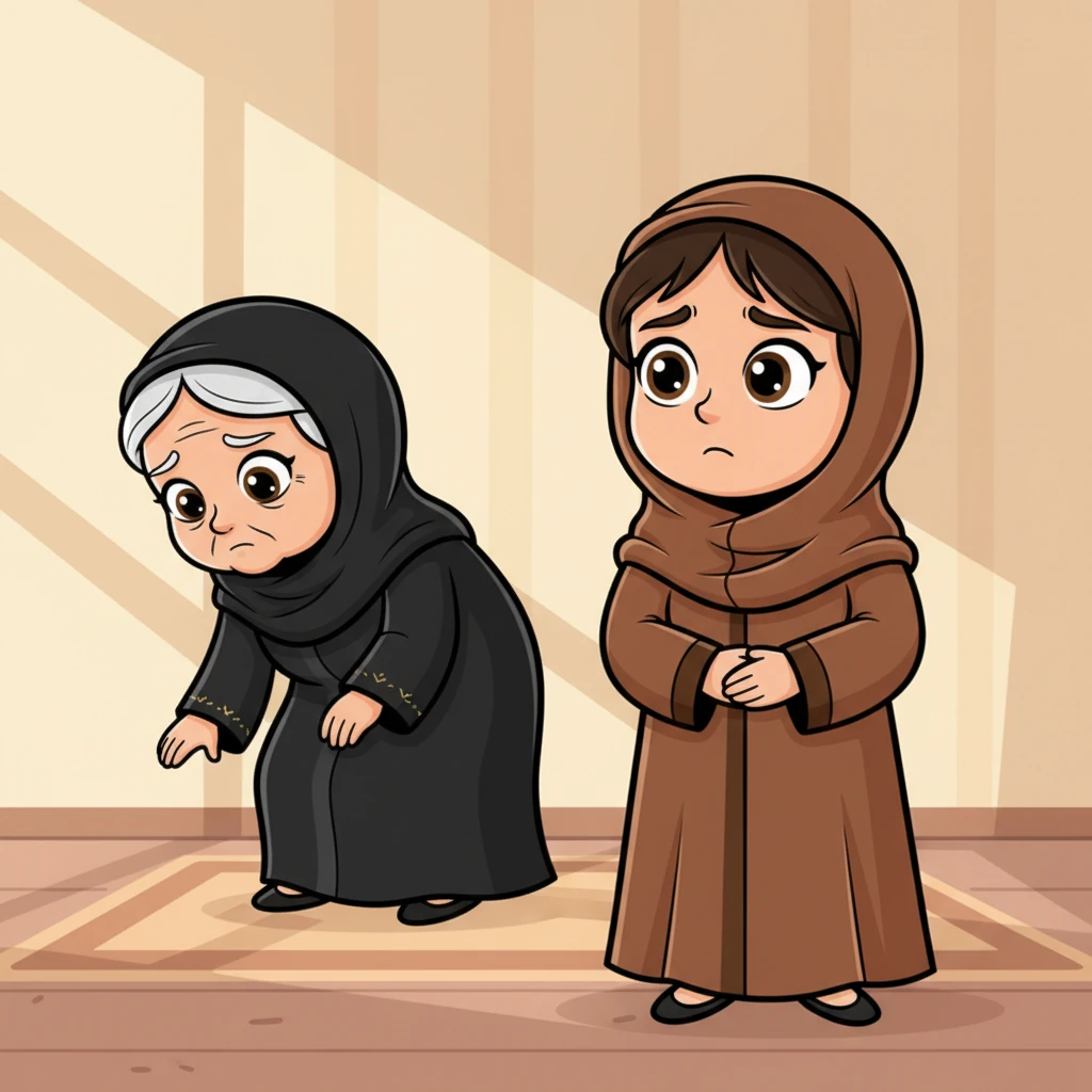 Maha, Grandma Joud's loving granddaughter, stood nearby, her expression filled with concern. Dressed in a warm brown abaya and shayla, she observed her grandmother's struggle, wishing she could help make things easier for her.