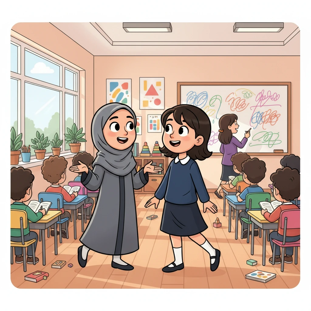 Inside a bright and bustling classroom, Saja and Najla stood together, deep in conversation. Saja wore a stylish gray abaya and shayla, while Najla sported a smart navy outfit, their animated discussion filling the air with ideas.