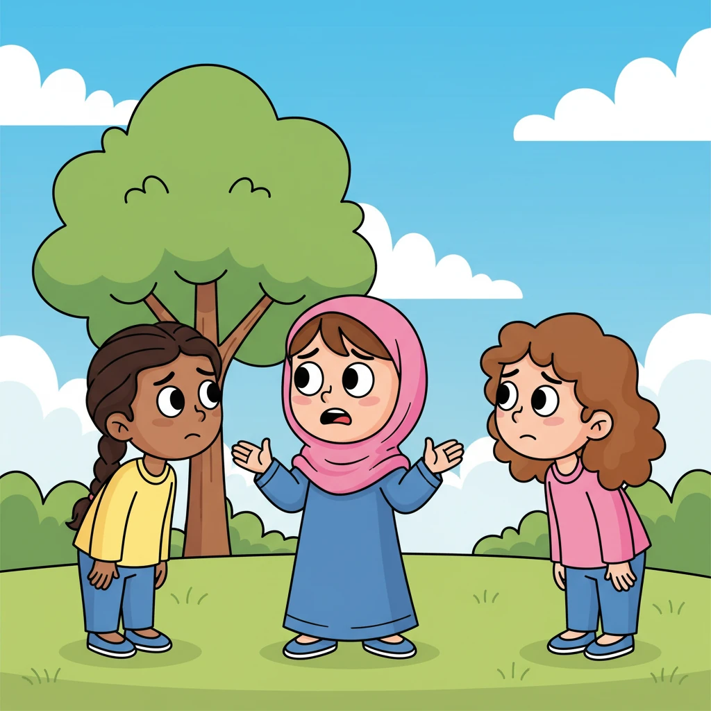 Maha joined her friends, her hands gesturing expressively as she described her grandmother's predicament. Though no medicine boxes were present, her vivid descriptions and worried frown conveyed the challenge Grandma Joud faced with reading the small print.