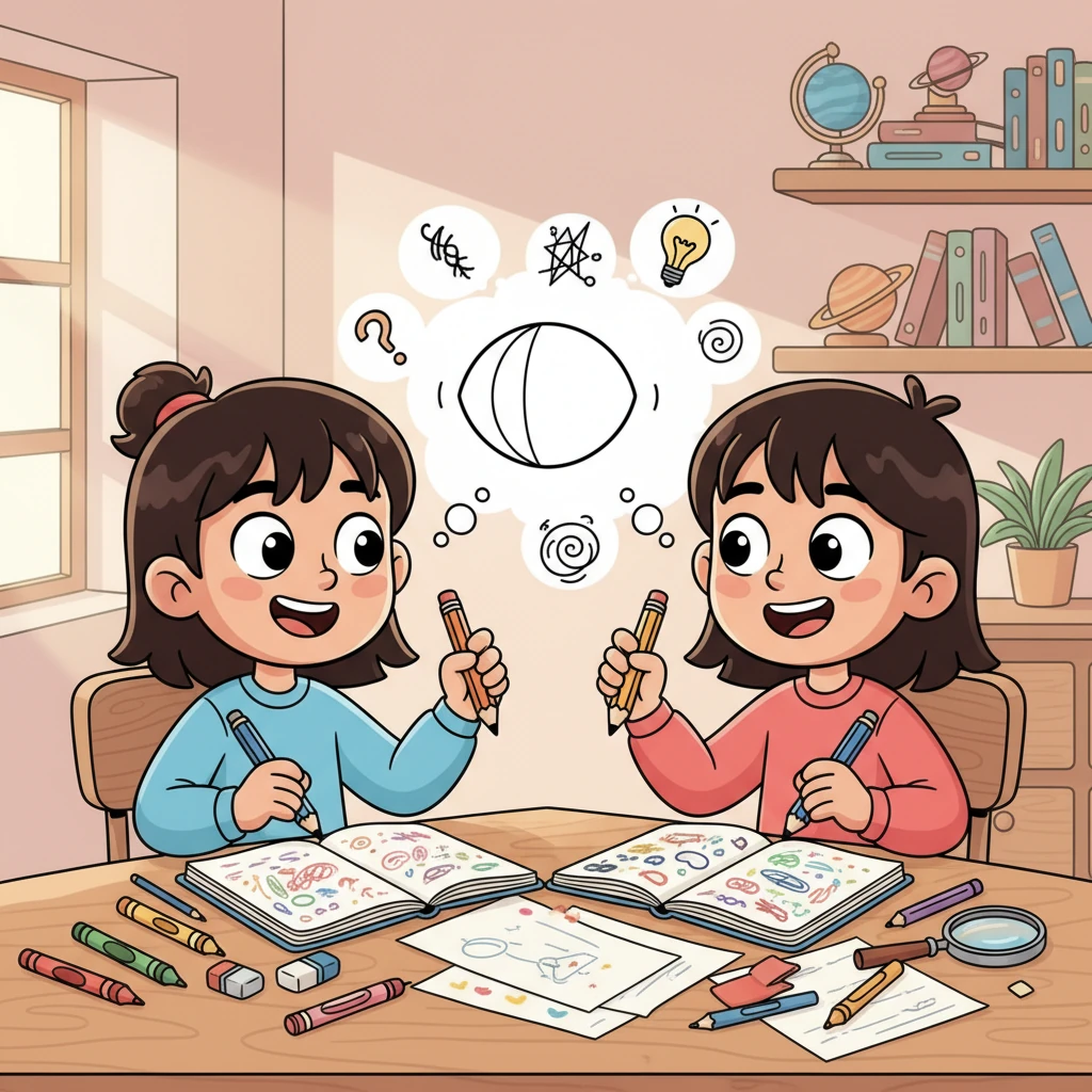 Saja and Najla sat focused at a work table, their drawing notebooks open before them, pens poised. A simple, clear sketch of a convex lens appeared on the paper, their faces alight with concentration as they brainstormed a brilliant solution.