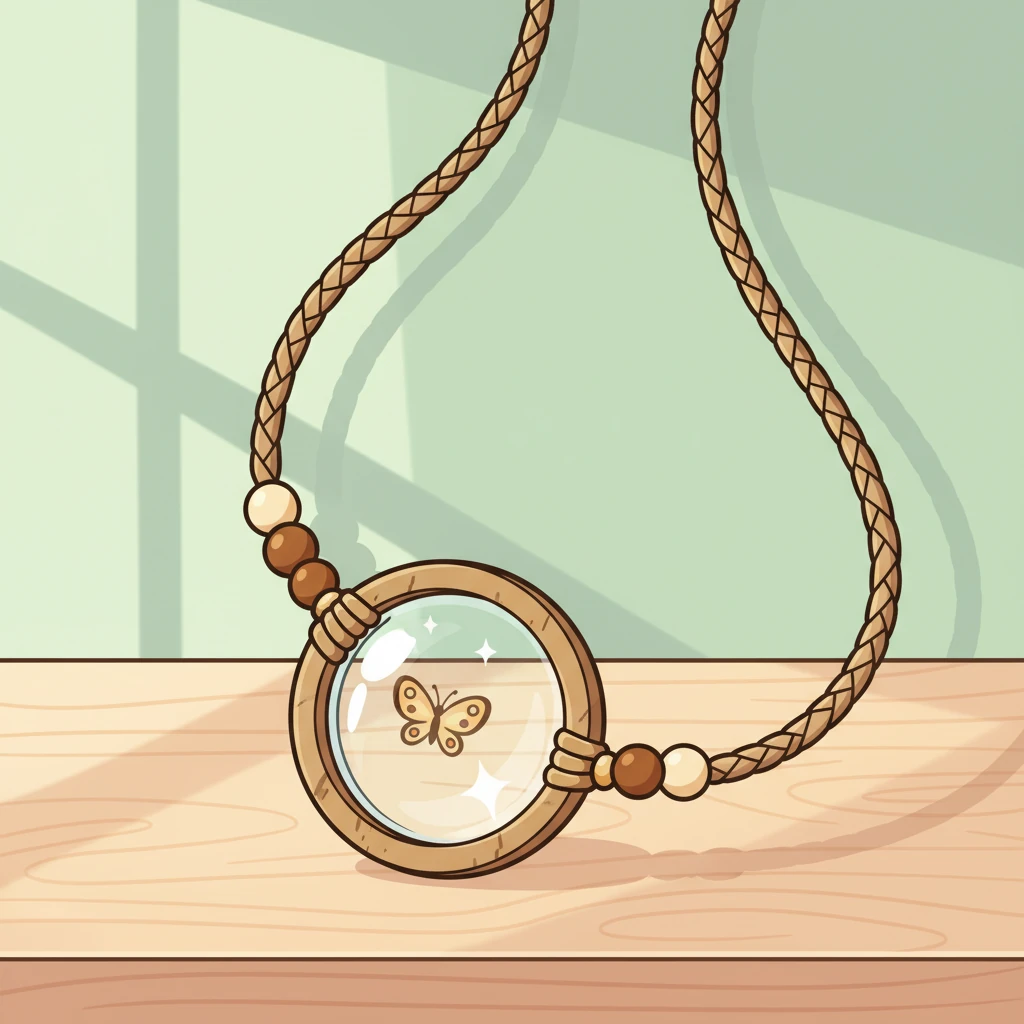 A close-up reveals an innovative necklace, crafted with care and creativity. It featured a clear, sparkling convex lens set within a simple frame made from recycled materials, resting gently on a light wooden table against a clean, uncluttered background.