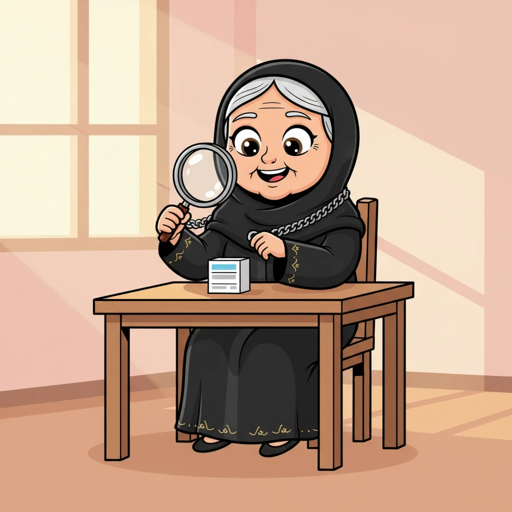 With a hopeful smile, Grandma Joud held the special necklace, bringing the lens closer to the medicine box on the table. Instantly, the tiny words on the label sprang into clear, readable focus, bringing a wave of relief and joy to her face.