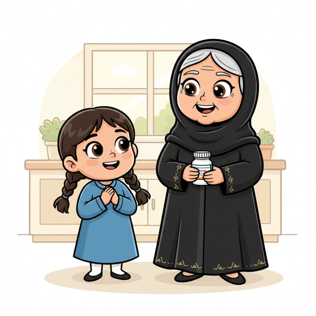 Maha beamed with happiness, standing proudly beside her relaxed and smiling grandmother. Grandma Joud, now effortlessly reading the medicine label, felt a wonderful sense of ease and independence, her eyes sparkling with gratitude.