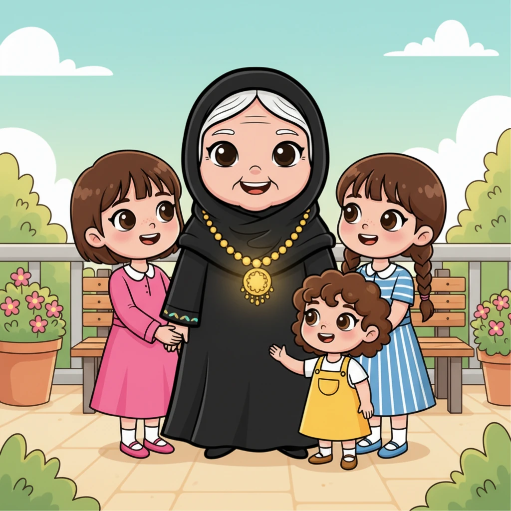 Maha, Saja, and Najla stood together with Grandma Joud, their hearts swelling with pride. The clever necklace hung visibly around Grandma Joud's neck, a symbol of their teamwork and love, reflecting a scene of success, comfort, and newfound peace.