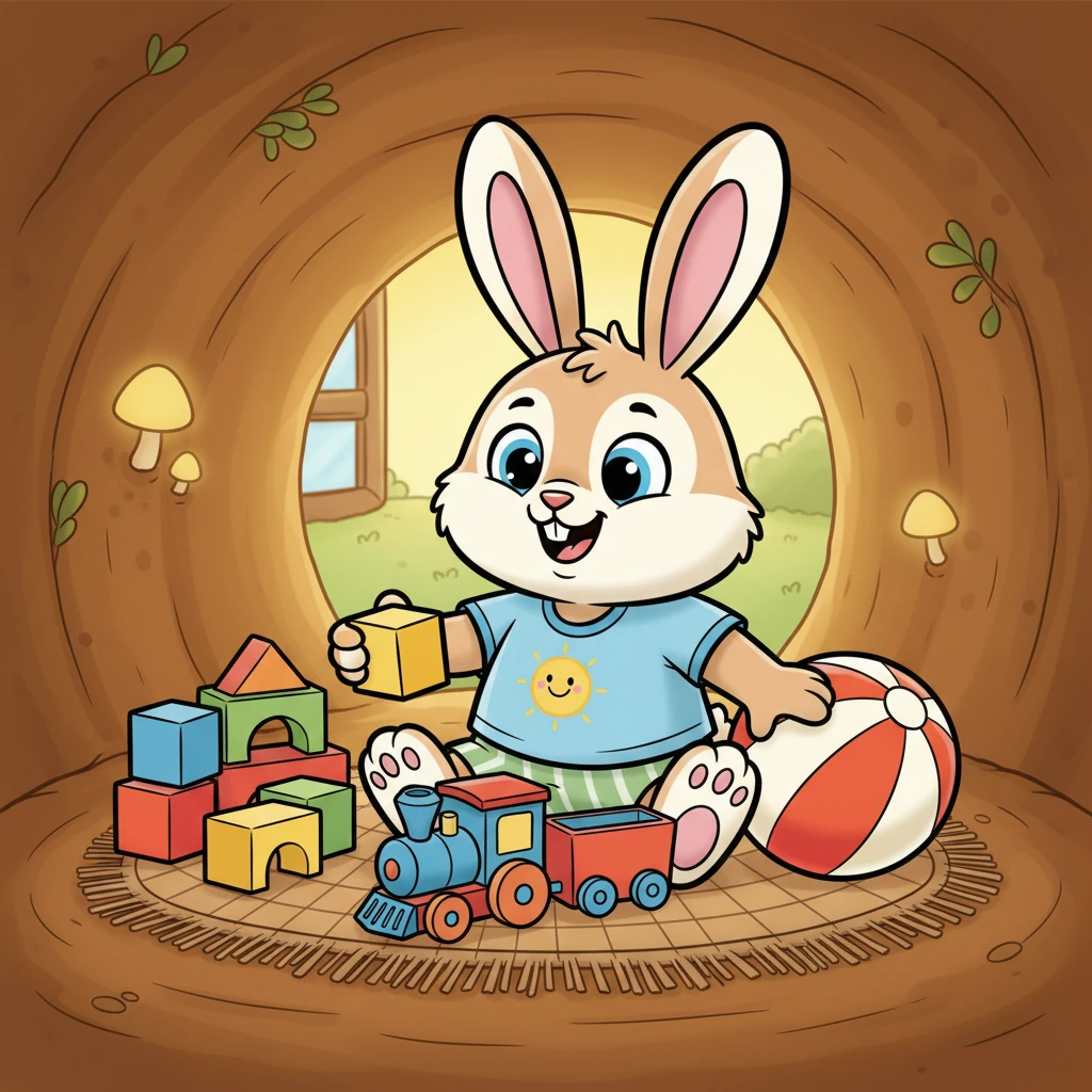Benny the Bunny sits happily amidst a colorful pile of toys in his cozy burrow. He has a big smile, surrounded by building blocks, a little train, and a bouncy ball, all for himself.