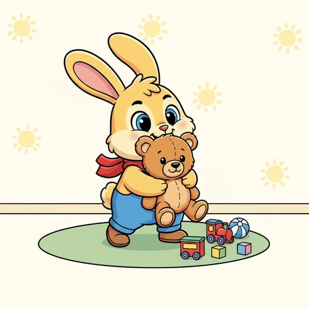 He clutches a fluffy teddy bear tightly, with a slightly mischievous grin. Benny's eyes sparkle as he looks at his favorite playthings, not wanting anyone else to touch them.