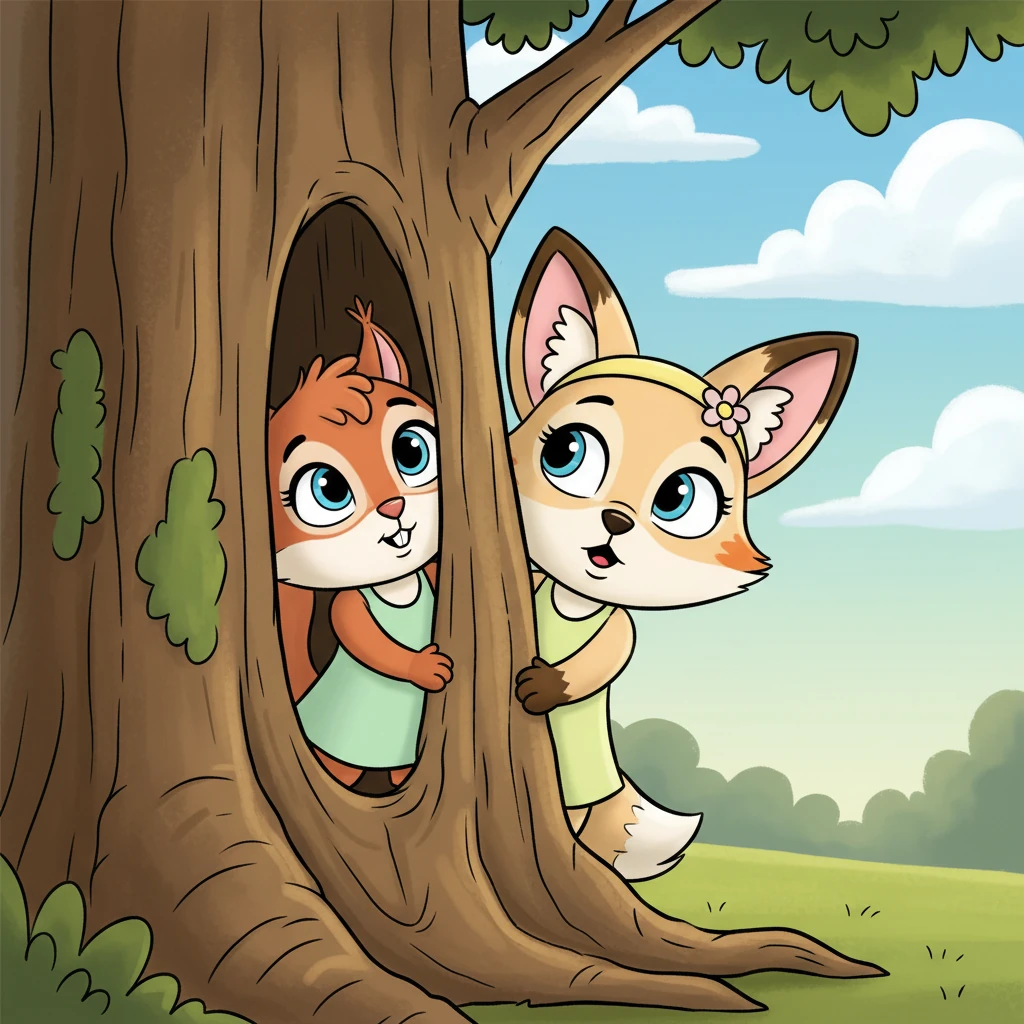Outside, his friends Ana the Squirrel and Lily the Fox peek shyly around a tree trunk. They look hopeful, with bright, curious eyes, eager to join in the fun.