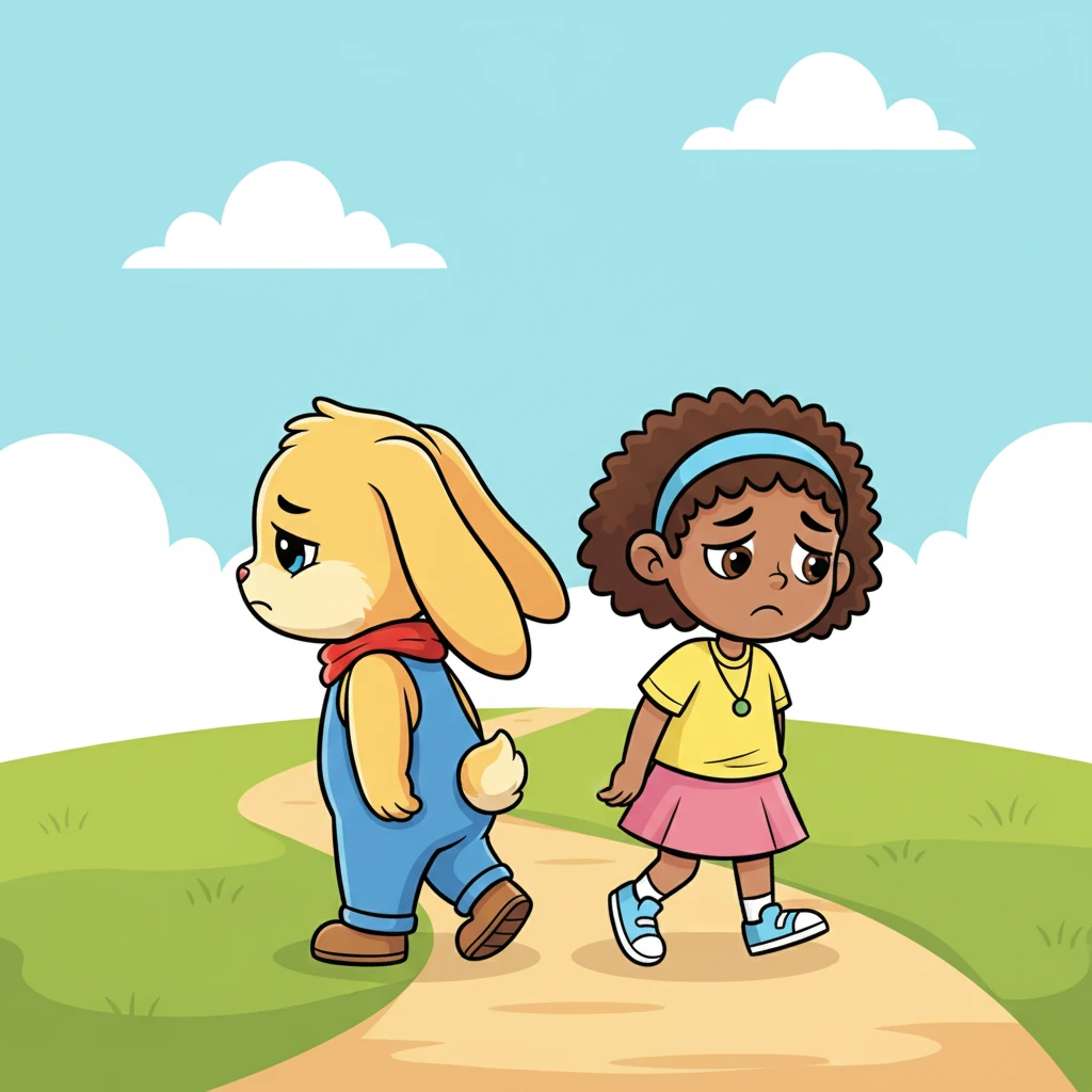 Ana and Lily exchange sad glances, their shoulders drooping. They turn to walk away slowly, their happy expressions replaced with quiet disappointment.