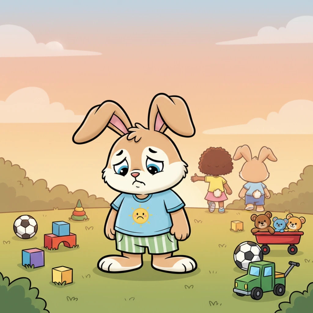 Benny watches his friends leave, his own smile fading. He looks down at his many toys, which suddenly don't seem as fun when he's playing all by himself.