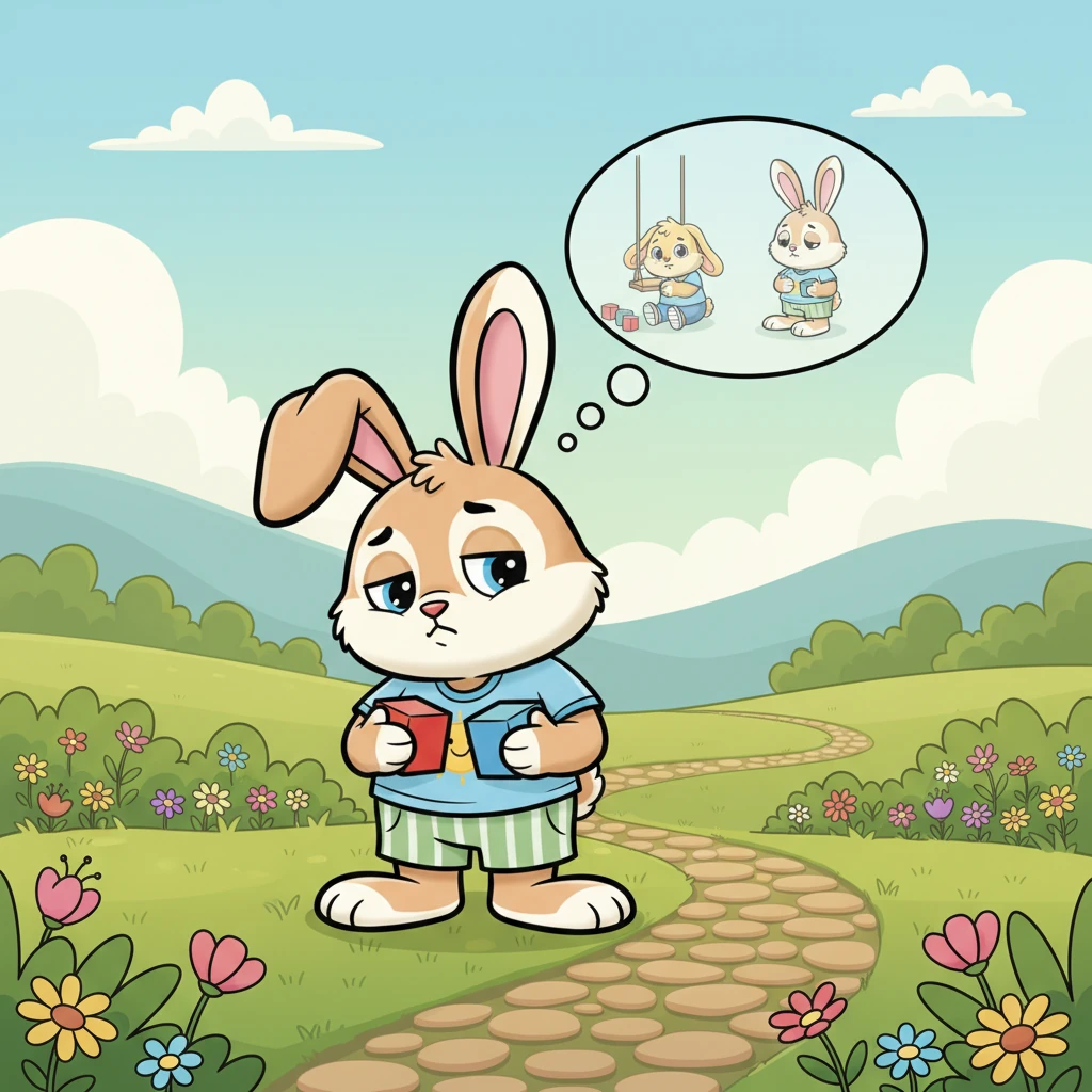 A thoughtful expression crosses Benny's face as he considers his friends' sadness. He realizes that playing alone isn't as much fun as he thought it would be.