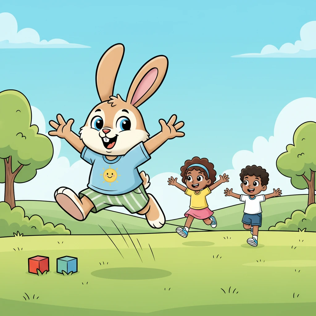 With a sudden burst of energy, Benny jumps up, leaving his toys behind. He races after Ana and Lily, waving his paws excitedly and calling out to them.