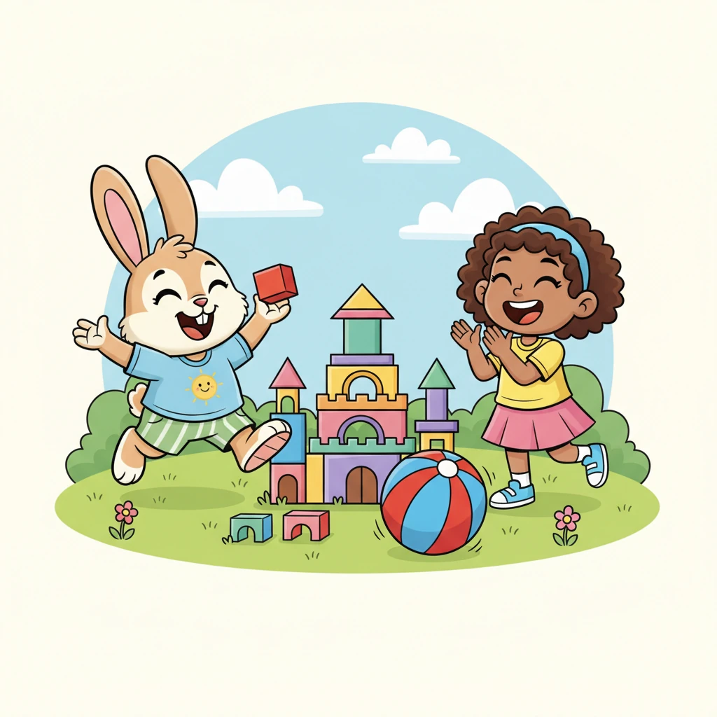 Benny, Ana, and Lily are now joyfully playing together, sharing all the toys. They laugh as they build a towering block castle and chase the bouncy ball, their faces full of glee.