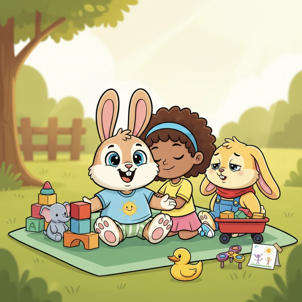 The three friends sit together, tired but happy, surrounded by shared toys. Benny beams, realizing that sharing his toys made the day much more fun and his friends much happier.