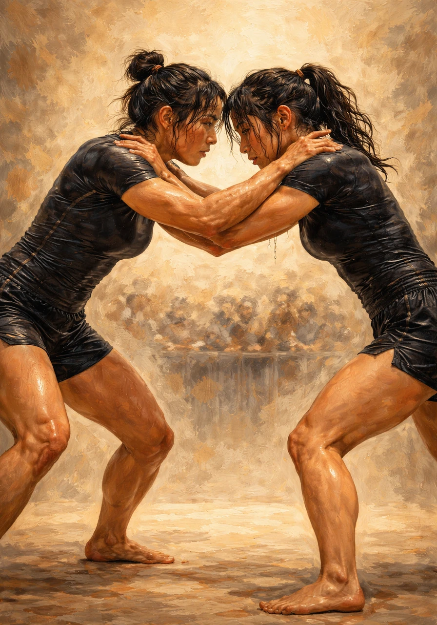 Ji-Ah initiates the tie-up, her hands locking onto Seo-Yeon's shoulders to feel for her balance. The two athletes circle carefully, their movements fluid and deliberate, showcasing years of elite training.
